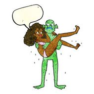 cartoon swamp monster carrying woman in bikini with speech bubbl N3