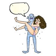 cartoon swamp monster carrying woman in bikini with speech bubbl N4