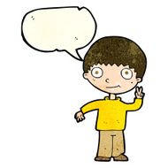 cartoon boy giving peace sign with speech bubble N3