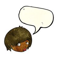 cartoon female face with raised eyebrow speech bubble N3