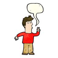 cartoon man giving peace sign with speech bubble N20