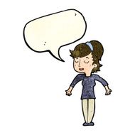 cartoon friendly woman shrugging shoulders with speech bubble N4