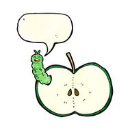 cartoon bug eating apple with speech bubble N8