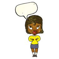 cartoon woman gesturing at self with speech bubble N11
