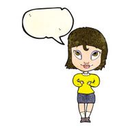 cartoon woman gesturing at self with speech bubble N12