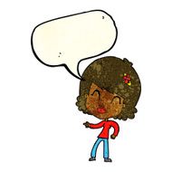 cartoon happy woman pointing with speech bubble N21