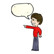 cartoon grinning boy pointing with speech bubble N4