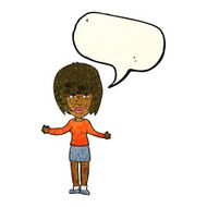cartoon woman shrugging shoulders with speech bubble N180