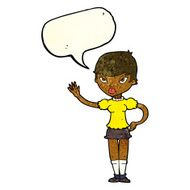 cartoon woman waving with speech bubble N119