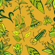 Seamless texture with bright ornaments vegetation and insects on N2