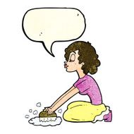 cartoon woman scrubbing floor with speech bubble N3