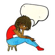 cartoon woman sitting on small stool with speech bubble N3