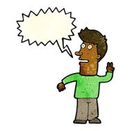 cartoon man making peace sign with speech bubble N4