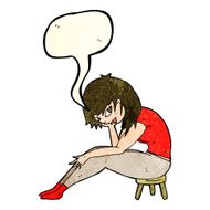 cartoon woman sitting on small stool with speech bubble N4