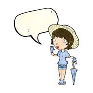 cartoon woman in summer hat waving with speech bubble N4