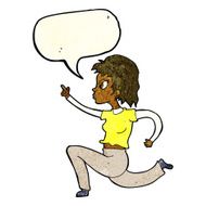 cartoon woman running and pointing with speech bubble N3