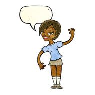 cartoon girl waving with speech bubble N8