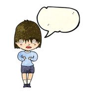 cartoon woman making Who Me? gesture with speech bubble N14