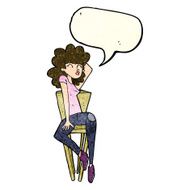 cartoon woman posing on chair with speech bubble N7