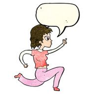 cartoon woman running and pointing with speech bubble N4