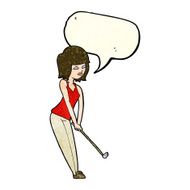 cartoon woman playing golf with speech bubble N8
