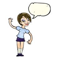 cartoon girl waving with speech bubble N9