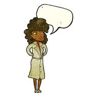 cartoon woman in trench coat with speech bubble N11