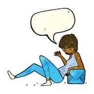 cartoon woman leaning on package box with speech bubble N3