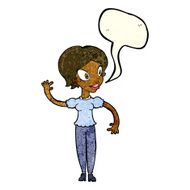 cartoon woman waving with speech bubble N128