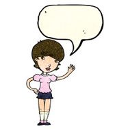 cartoon girl waving with speech bubble N10