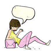 cartoon woman leaning on package box with speech bubble N4