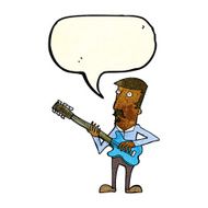 cartoon man playing electric guitar with speech bubble N4