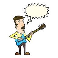 cartoon man playing electric guitar with speech bubble N5