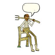 cartoon old farmer leaning on fence with speech bubble