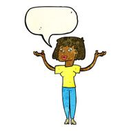 cartoon woman holding up hands with speech bubble N7