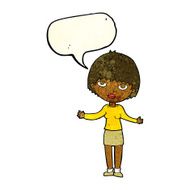 cartoon woman shrugging with speech bubble N22