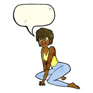 cartoon happy woman sitting on floor with speech bubble N7