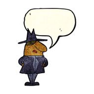 cartoon man in coat and hat with speech bubble N3