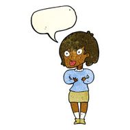 cartoon woman making Who Me? gesture with speech bubble N16