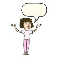 cartoon woman holding up hands with speech bubble N8