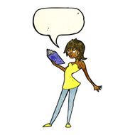 cartoon woman reading book with speech bubble N3