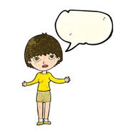 cartoon woman shrugging with speech bubble N23