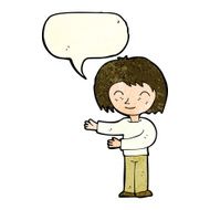 cartoon woman gesturing welcome with speech bubble N4
