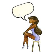 cartoon woman sitting on stool with speech bubble N7