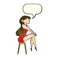 cartoon woman sitting on stool with speech bubble N8