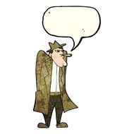 cartoon man in hat and trench coat with speech bubble N4