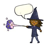 cartoon witch girl casting spell with speech bubble N5