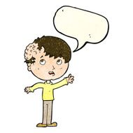 cartoon boy with growth on head speech bubble N14