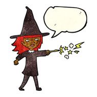 cartoon witch girl casting spell with speech bubble N7