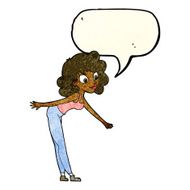cartoon woman reaching to pick something up with speech bubble N3